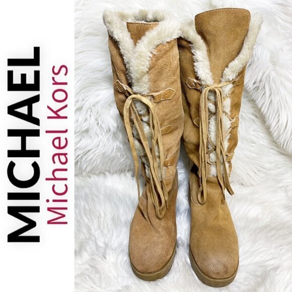 MICHAEL MICHAEL KORS Camel Brown Suede Sherpa Lined Wedge Boot, Size 9.5 - Picture 4 of 10
